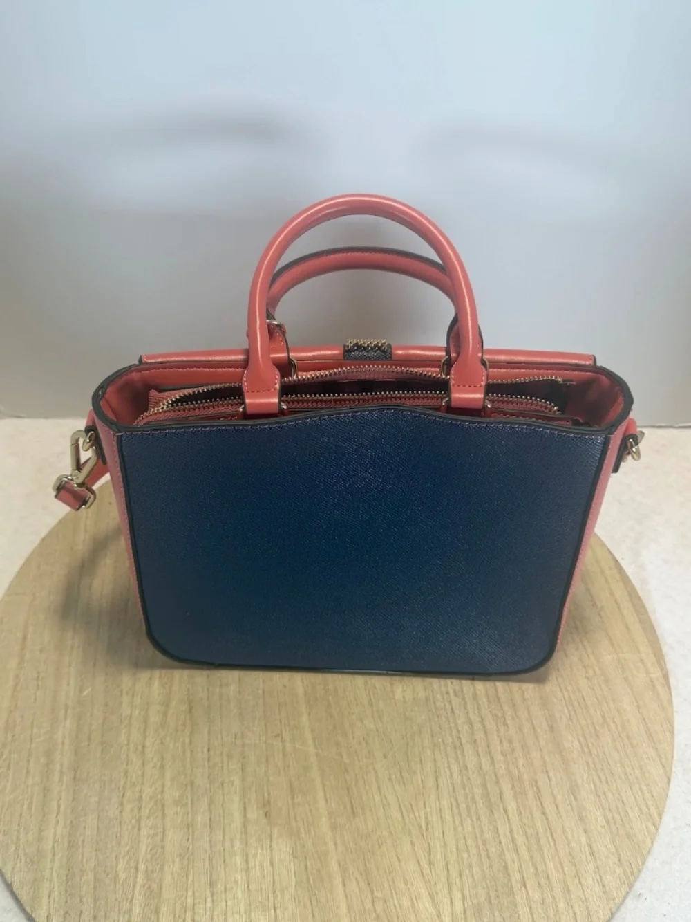 Nicole Lee USA Colorblock Satchel Handbag Navy Coral Pink Vegan Leather